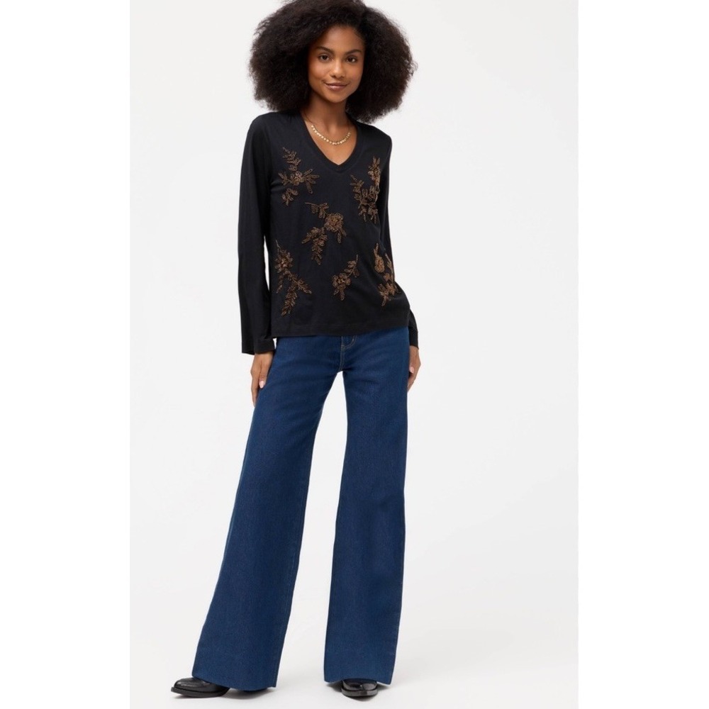 Johnny Was Long Sleeve Black Beaded Kimono Sleeve Tee Size Med Boho NWT $168